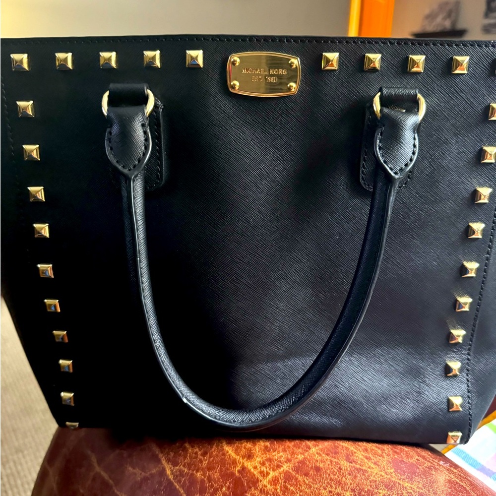 Michael Kors Selma Leather Black Gold studded satchel.